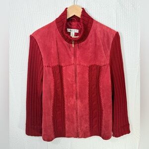 Coldwater Creek Womens Red Leather Cable Knit Mock Neck Sweater Jacket Size L